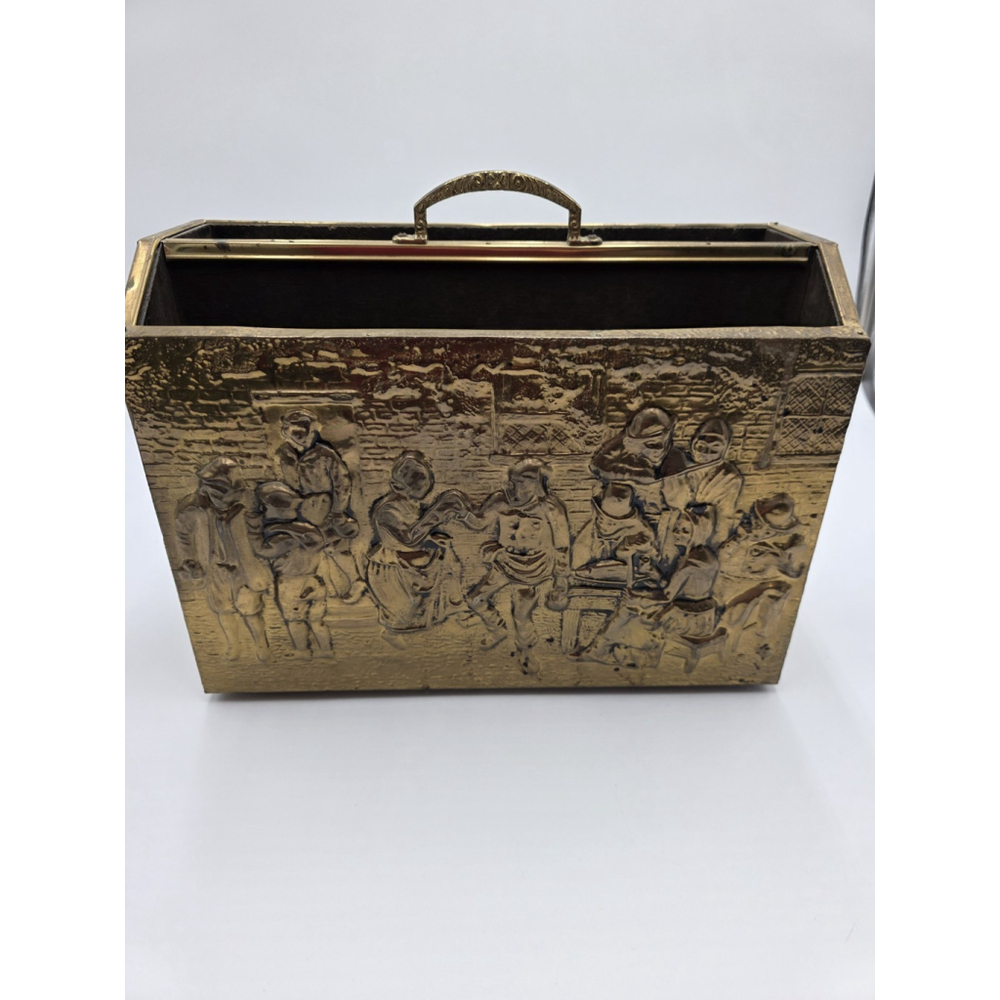 Vintage Embossed Brass Magazine Rack Tavern Scene Mid Century Dutch Style...